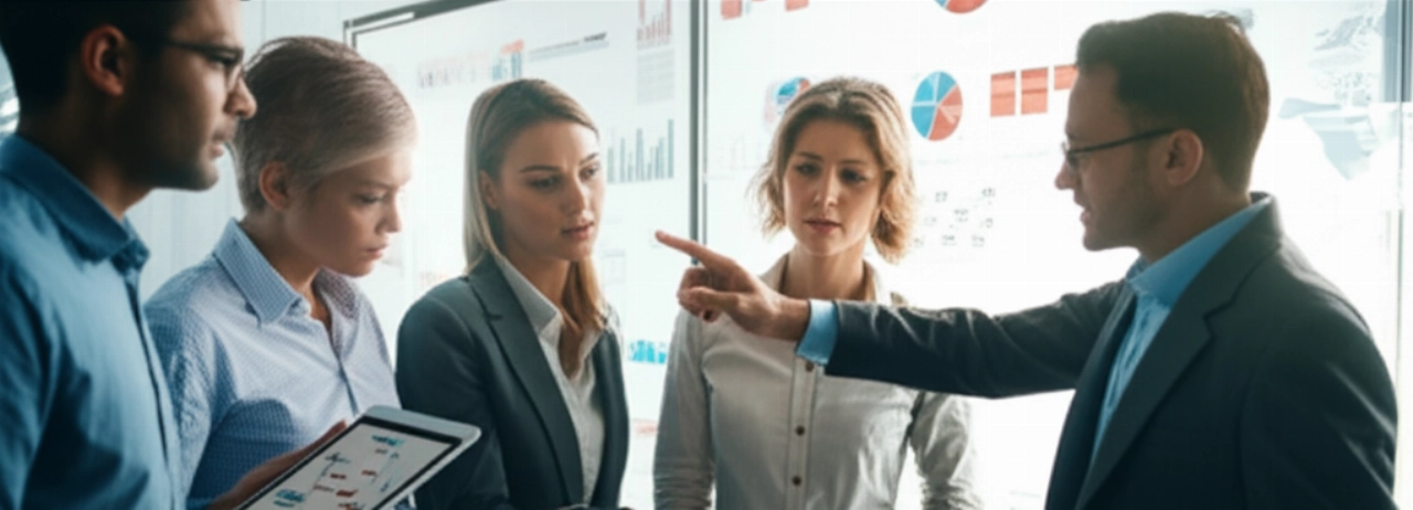 Un team di professionisti del marketing caucasici analizza dati complessi su un grande schermo interattivo in un ufficio moderno e luminoso, simbolo di strategia e innovazione nel direct marketing.