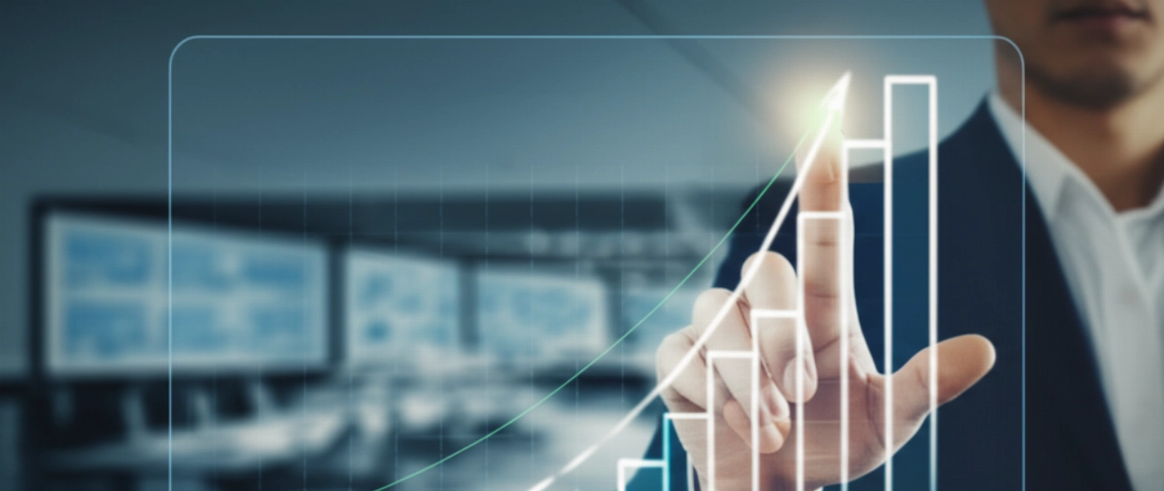 Una mano caucasica indica un grafico a linee ascendente su uno schermo olografico, simboleggiando la crescita e i risultati tangibili ottenuti tramite strategie di direct marketing.