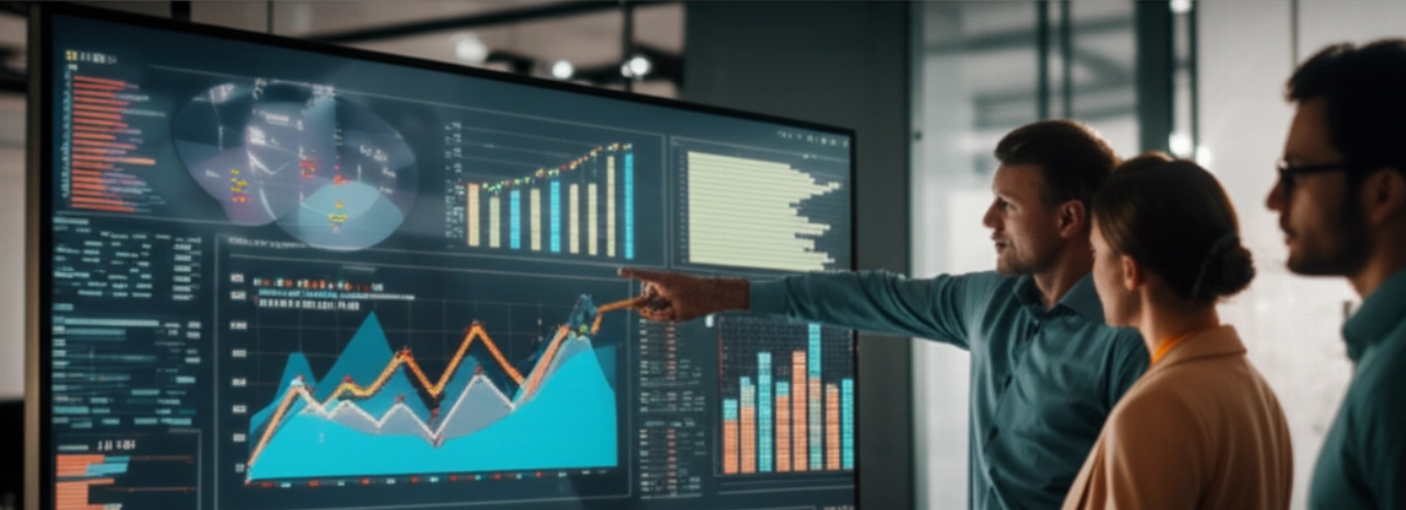 Professionisti caucasici in un moderno ufficio che analizzano grafici di dati digitali su un grande schermo, simboleggiando la strategia SEO e la crescita.