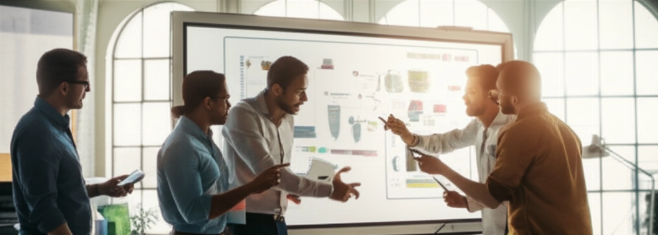 Un team di professionisti caucasici collabora dinamicamente attorno a un grande schermo digitale interattivo in un ufficio moderno e luminoso.