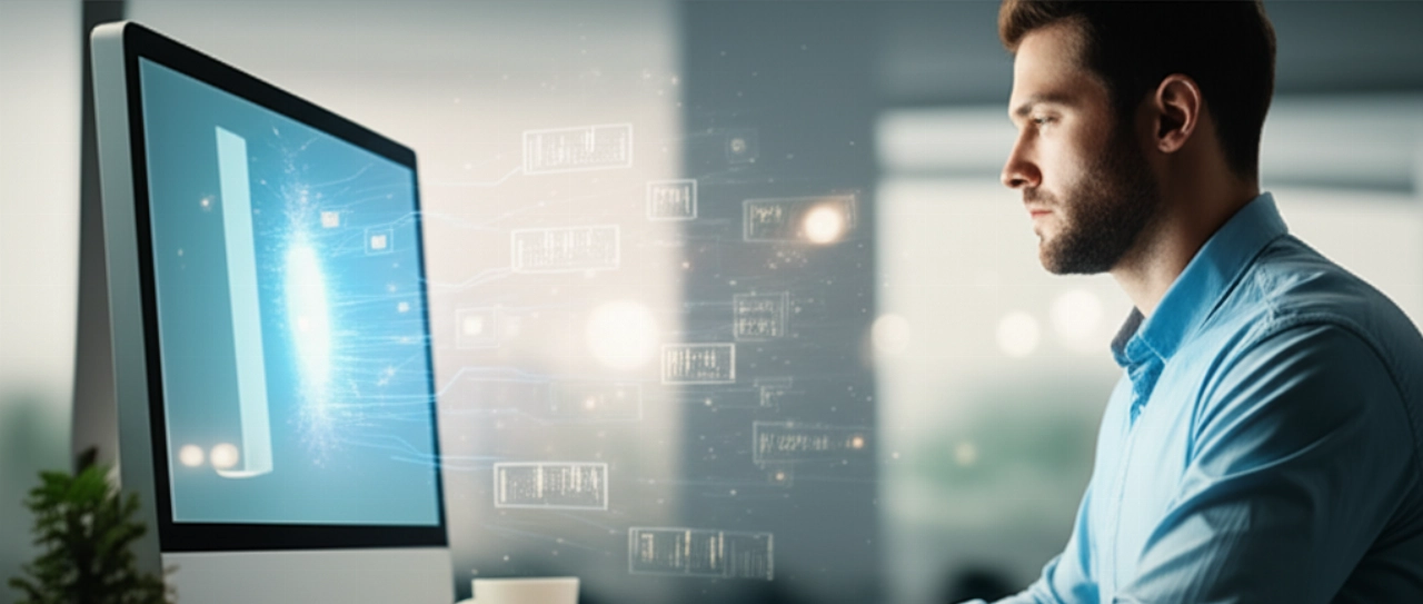 Un designer caucasico concentrato lavora su un monitor ad alta risoluzione, con elementi di design digitale che simboleggiano la creatività.